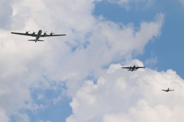 Boeing B-29 Superfortress (N69972) - Doc, the newly restored Boeing B-29 Superfortress, Georgie’s Gal, North American B-25, and By Request, North American P-51, on a low pass as they arrive in Cleveland on 31 May 2018.