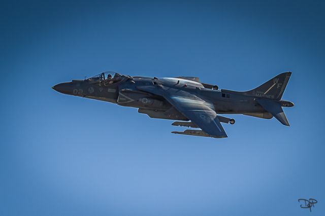 — — - AV-8B Harrier flyby with condensation forming on wing at MCAS Airshow