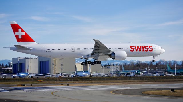 BOEING 777-300 (HB-JNG) - BOE582 on final to Rwy 16R to complete a B1 flight on 2.2.17. (ln 1471 / cn 62752).