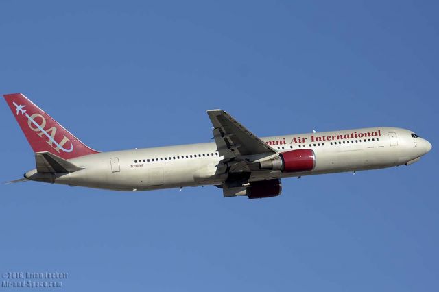 BOEING 767-300 (N396AX) - Omni Air International Boeing 767-319 N396AX at Phoenix Sky Harbor on January 2, 2016. It departing from Sky Harobor with an Ohio State football charter bound for Port Columbis International Airport. It first flew on September 27, 1994. Its construction number is 26264. It was delivered to Air New Zealand as ZK-NCH on October 10, 1994. Flyglobespan leased it as G-CEFG on October 26, 2006 asnd subleased it to Air India. ILFC registered it as N411LF on March 10, 2010. It has been leased by Omni Air International as N396AX since September 23, 2010. 