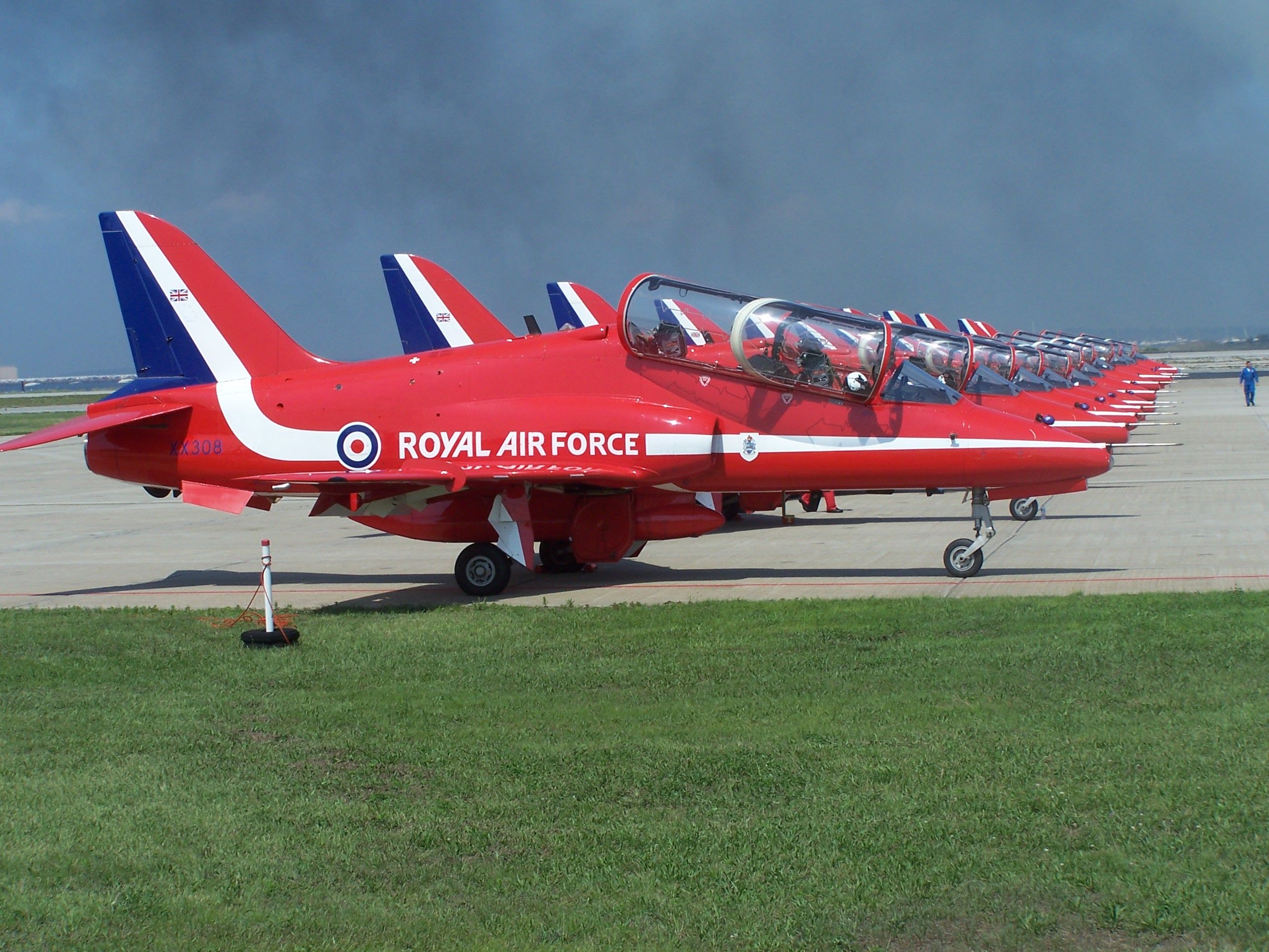 Boeing Goshawk (XX308) - XX308 heads this line of Red Arrows jets as they prepare to start their display at the Rhode Island ANG Air Show July 2008. Sadly the pilot and this aircraft were lost in an accident during a display in Bournemouth, England in August 2011