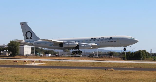 Boeing 707-300 (N629RH) - A Boeing 707-336C Omega tanker landing on Runway 18L at Carl T. Jones Field, Huntsville International Airport, AL - October 6, 2016.