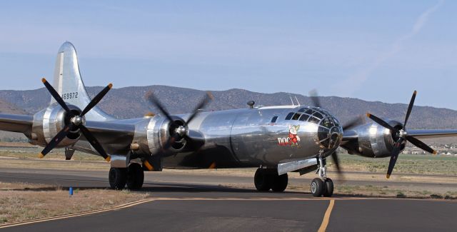 Boeing B-29 Superfortress (N69972) - Taxiing to the ramp after landing on Runway 34.