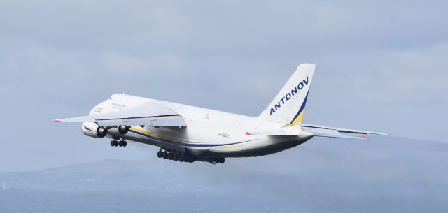 Antonov An-124 Ruslan (UR-82027) - ADB3708 departing off runway 25 on 20/04/2024 for Portsmouth and Mobile.