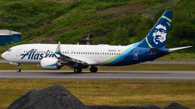 Boeing 737 MAX 8 (N812AK) - Alaska Airlines ASA232/AS232 to Anchorage (PANC/ANC) roars down runway 8 for departure. (Hawaiian codeshare HA4703). This is the first visit of this month-old MAX 8 to Kodiak.br /Photo date: 6-22-25br /Upload date: 6-25-25