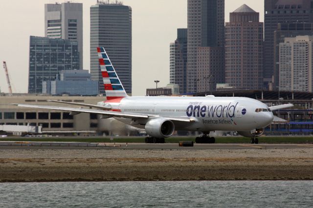 Boeing 777-200 (N796AN) - American B777-200 in One World livery taxi's for departure to runway 22R operating BOS-MIA on 5/2/21. 