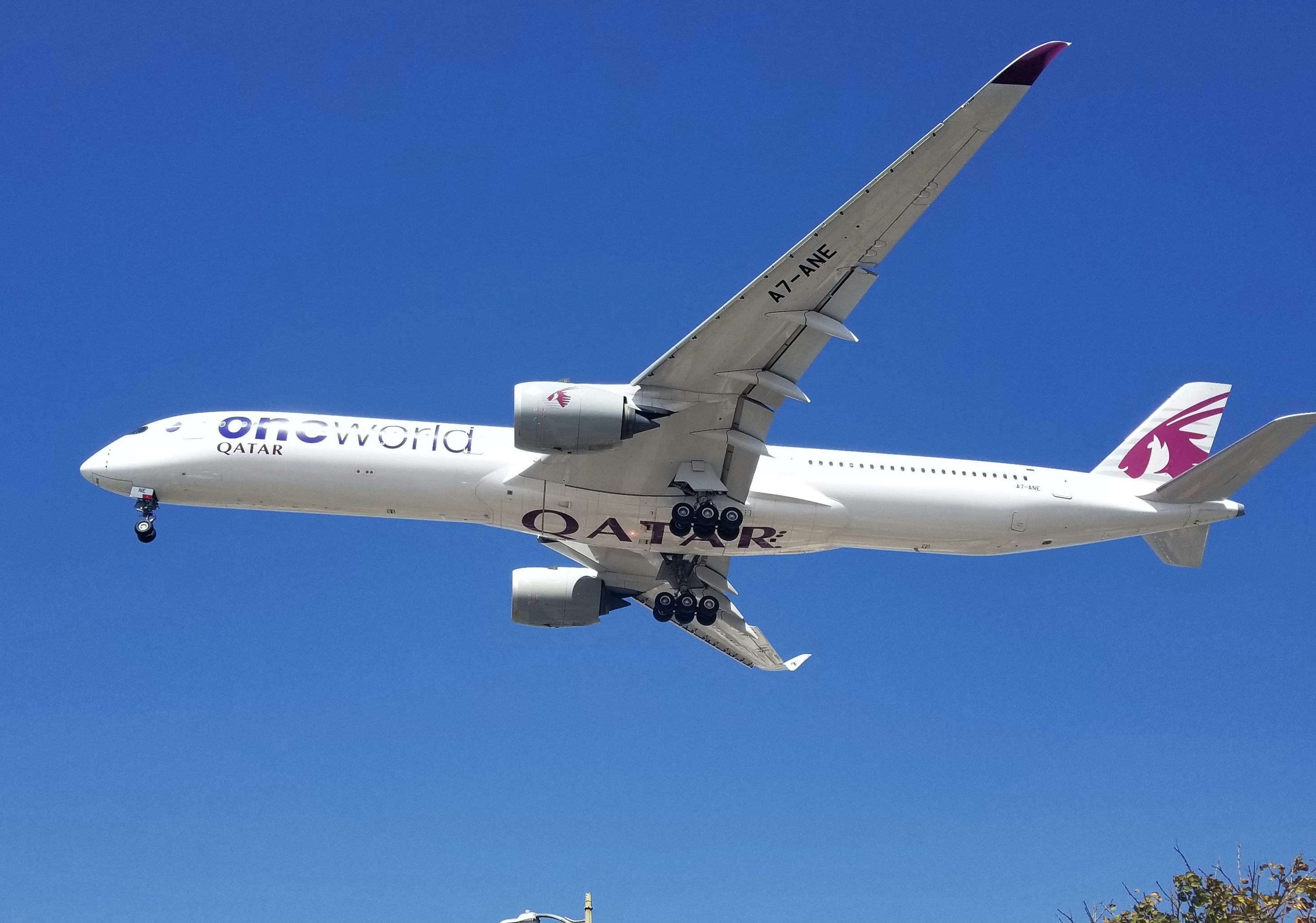 Airbus A350-1000 (A7-ANE) - QATAR A350-1000 in the "oneworld" livery landing LAX 24R. 