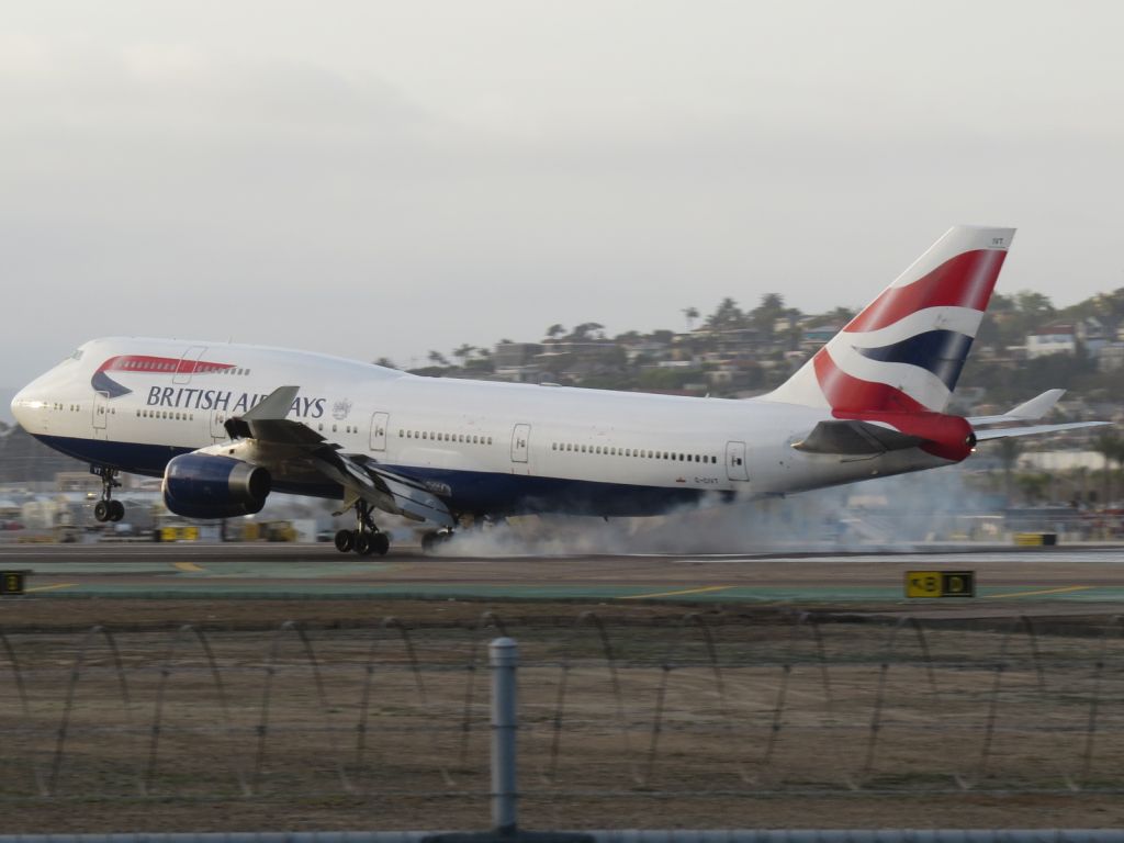 Boeing 747-400 (G-CIVT) - The first scheduled, non-charter 747 service to San Diego in years touches down on Runway 27. British Airways will be operating the 747-400 on the daily LHR-SAN route for the Summer 2016 season. Shout out to all the other spotters out there to see this heavy too!