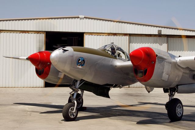 NL7723C — - A Lockheed P-38L Lightning warming up its engines at Rialto airport.