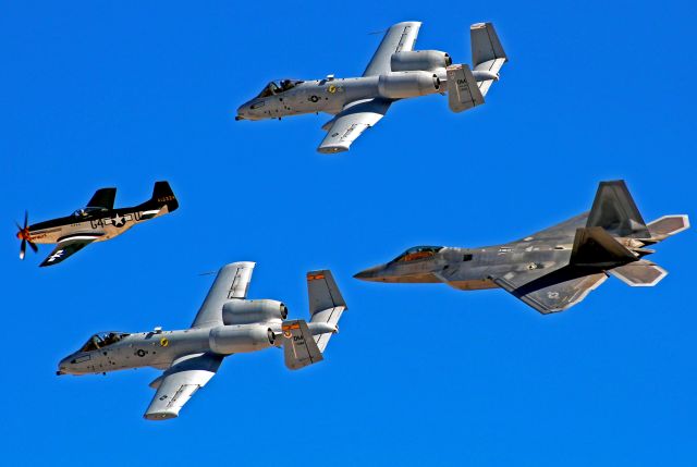 Fairchild-Republic Thunderbolt 2 — - A formation of U.S. Air Force aircraft consisting of two A-10 Thunderbolts, one F-22 Raptor, and one P-51D Mustang. Taken at Nellis Air Force Base in Nevada. November 2017.
