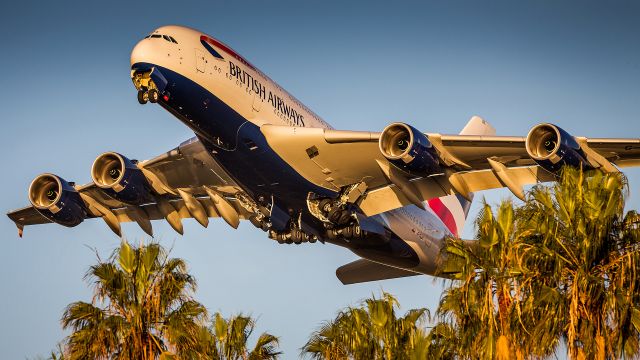 Airbus A380-800 (G-XLEE) - Speedbird heavy departing RWY 24L behind some beautiful palm trees. 