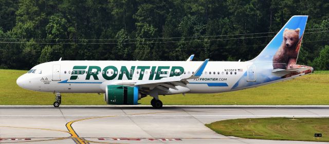 Airbus A320neo (N335FR) - Caught another new critter from Frontier - JoJo the Grizzly Bear! Well, JoJos a cub - an adorable at that.  From the observation deck, 9/9/18.