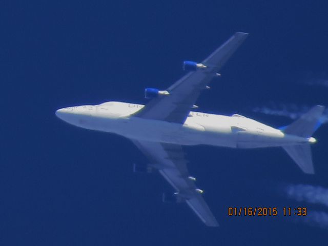 Boeing 747-400 (N249BA) - Atlas Air flight 4341 from Charleston S.C. to Wichita Kansas over Baxter Springs Kansas (78KS) at 34,000 feet.