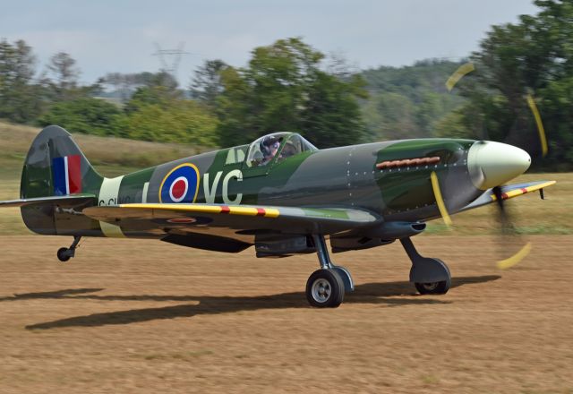 SUPERMARINE Spitfire (C-GLVC) - 2003 Supermarine Spitfire Mk XIVc (C-GLVC/P008) taking off at Orono/Hawkefield Aerodrome (CHF4) on August 29, 2021. This particular Spitfire was a custom built 3/4 scale. It uses a 1960's Buick car engine!