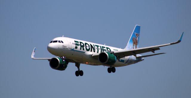 Airbus A320neo (N348FR) - On final is this 2019 Frontier Airlines Airbus A320-251N with "Clover" the Deer Fawn looking cute on the tail in the Spring of 2021.