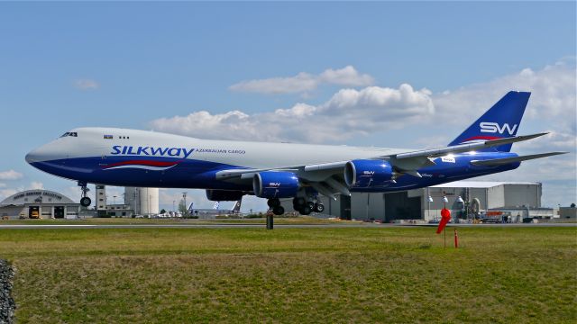 BOEING 747-8 (VQ-BVB) - BOE641 on short final to Rwy 34L to complete a flight test on 8/19/14. (LN:1493 / cn 44444).  The aircraft is using temporary #N50281. It was previously flown as #4K-SW881 with temporary registration #N973BA. It was incorrectly flown as BOE642 on this flight.  It would seem the aircraft has some sort of identity issues. 