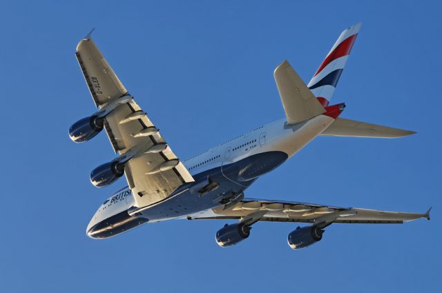 G-XLEB — - First departure from LAX for this British Airways operated Airbus A380-841 "superjumbo", taking to the skies moments before sunset, September 27, 2013, after liftoff from the Los Angeles International Airport in Westchester, Los Angeles, California