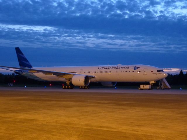 — — - Garuda Indonesia B777 just out of the Boeing PDX paint hanger.