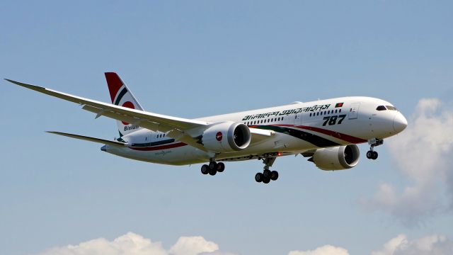 Boeing 787-8 (S2-AJV) - BOE956 from KPDX on final to Rwy 16R on 7.14.19. (ln 881 / cn 40125). The aircraft was returning after being painted.