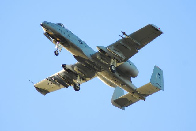 Fairchild-Republic Thunderbolt 2 — - 79-118 with an early evening landing on Runway 19 at Whiteman AFB. This aircraft suffered a hard landing in 2011, and was back up in the air after only four months of repairs. Here is more information: a rel=nofollow href=http://www.442fw.afrc.af.mil/news/story.asp?id=123282824http://www.442fw.afrc.af.mil/news/story.asp?id=123282824/a