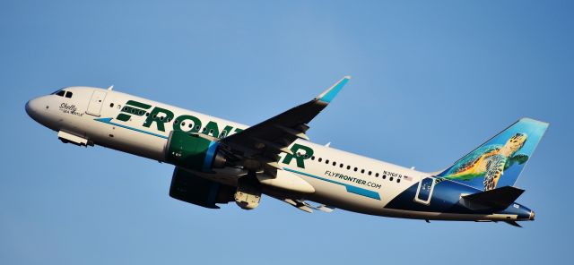 Airbus A320neo (N316FR) - Shelly the Sea Turtle! Shot from the RDU parking deck, 4/14/18.