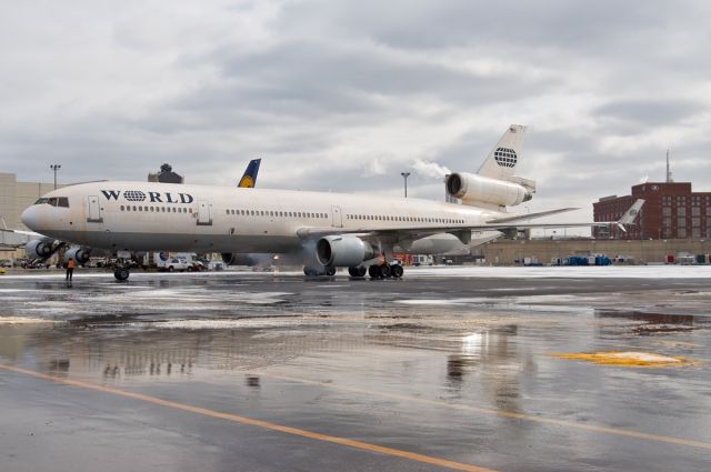 Boeing MD-11 (N271WA) - Hot Start for World Airways MD11 @ KBOS Logan Airport - Sad to see you go my friends (: SORRY !