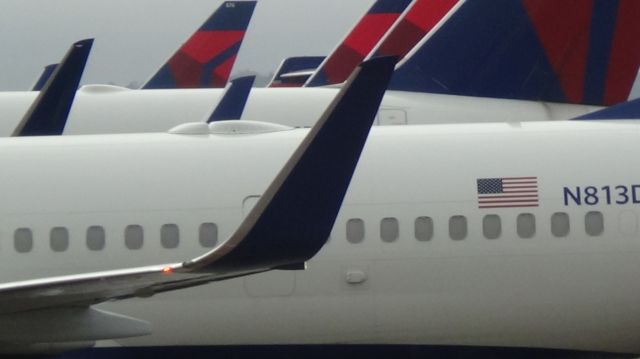 Boeing 737-900 (N813DN) - A closeup shot of N813DN with several other aircraft in the background.   Delta 937 came into ATL from Kansas City and will depart out to Seattle as the same flight number.  Taken November 29, 2016 with Sony HDR-CX230.