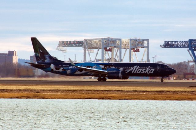 Boeing 737 MAX 9 (N932AK) - Alaska B39M in special Orca livery departing BOS on 3/20/22.