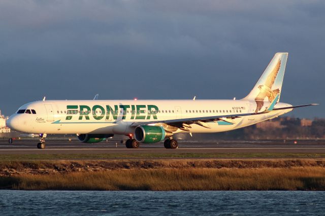 Airbus A321 (N710FR) - Frontier A321 N710FR operating as FFT2734 to Providence after diverting to Boston last night due to the fog at PVD.