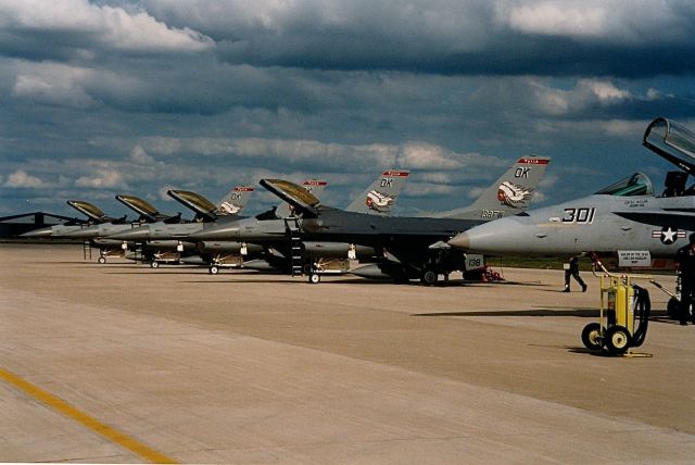 Lockheed F-16 Fighting Falcon — - Line up of 138th Fighter Wing F-16s and a FA-18 at an Air Power Air Show in KOKC