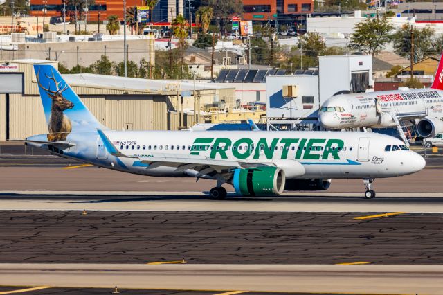 Airbus A320neo (N370FR) - A Frontier Airlines A320 neo landing at PHX on 2/10/23 during the Super Bowl rush. Taken with a Canon R7 and Canon EF 100-400 II L lens.