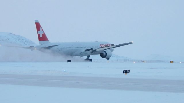 Boeing 777 — - Swiss flight LX40 lands in Iqaluit Nunavut on 1 engine