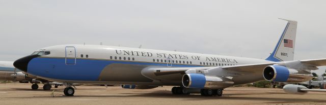 Boeing 707-300 (58-6971) - Pima Air & Space Museum, Tucson, AZ, 21 Apr 18.  More from their website:br /br /Manufacturer: BOEINGbr /Markings: 89th Military Airlift Wing, Andrews AFB, Maryland, 1998br /Designation: VC-137Bbr /Serial Number: 58-6971br /br /BOEING VC-137Bbr /One of three 707-153s bought "off-the-shelf" and converted to military use, this aircraft was completed as a VC-137A by Boeing Aircraft of Seattle, Washington on April 7, 1959. On May 30, 1959 this aircraft was accepted by the U. S. Air Force, painted in Military Air Transport Service colors (white top with extensive Day-Glo orange) and markings and assigned to the 1298th Air Transport (Special Missions) Squadron at Andrews AFB, MD with a deployment to Washington National Airport in Washington, DC. In June 1961, the aircraft was assigned to the 1254th Air Transport (Special Missions) Wing, Andrews AFB.