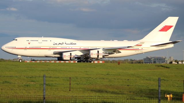 Boeing 747-400 (A9C-HAK) - A Bahrain Royal Flight B747-400 slowing down after landing at London Stansted Airport.br /br /Location: Stansted Airportbr /Date: 01.05.23 (dd/mm/yy)