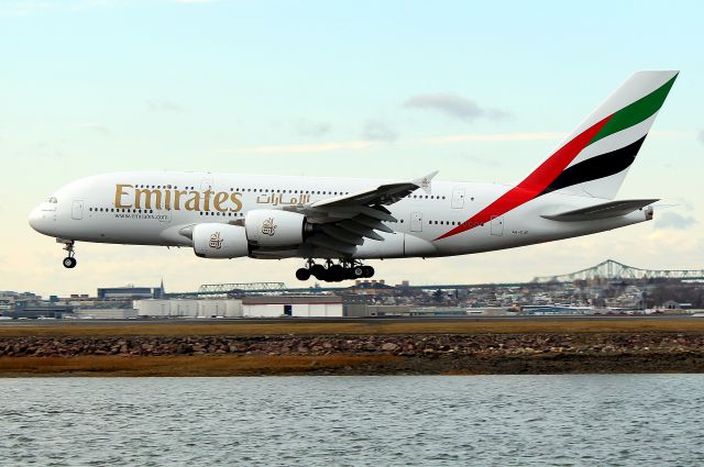 Airbus A380-800 (A6-EUE) - Emirates 237 Super landing on 22R with the first A380 flight to test Bostons newly constructed A380 gates.