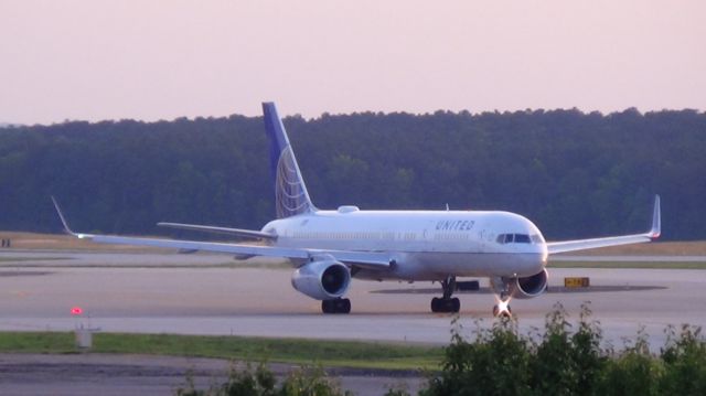 Boeing 757-200 (N17133) - United 1151 departing to Washington Dulus at 8:13 P.M.  This is the only ever 757 used on the IAD-RDU, RDU-IAD route!  Taken June 7, 2015.  