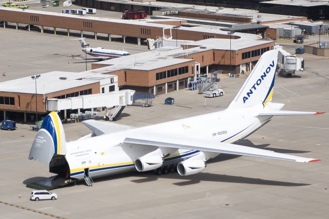 Antonov An-12 (UR-82009) - Difficult-to-take image of Antonov AN-124 on take off from Wichita Eisenhower to Palm Beach. Antonov AN-124 has amazing spec: 24 wheels, 20% larger internal volume than a C5 Galaxy, length 226 ft, wing span 240 ft, empty weight 385,000 lls, max take off weight 893,000 lbs, 4 x Progress D-a8T turbofans ay 51,600 lbs of thrust each, 10,000nm plus range etc etc. Image taken by Nikon 810 24/70 2.8 lens, exposure 2.8 @1/4000 sec