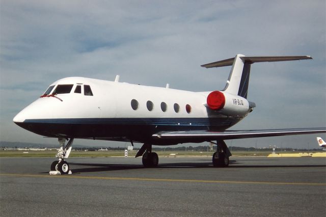 VR-BJQ — - GRUMMAN G-1159 GULFSTREAM II - REG : VR-BJQ (CN) - WEST BEACH ADELAIDE SA. AUSTRALIA - YPAD (6/6/1987) 35MM SLIDE CONVERSION. SCANNED AT 6400 DPI.