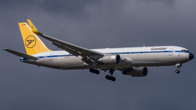 BOEING 767-300 (D-ABUM) - Condor Boeing 767-31B(ER) (D-ABUM) [1980s Retro Livery] on final approach to Perth Airports Runway 21 after the flight from Frankfurt (via Phuket). This flight is one of four to help come collect the 800+ German Passengers on the Cruise Ship “Artania” after it was refused entry into other ports around the world due to the COVID-19 crisis. After several pleas to the Commonwealth and WA Government they were finally allowed to dock into Fremantle on one condition, that all passengers remain on the ship under police guard until their four rescue flights arrived and they can be bussed straight to the plane and flown out of the country.