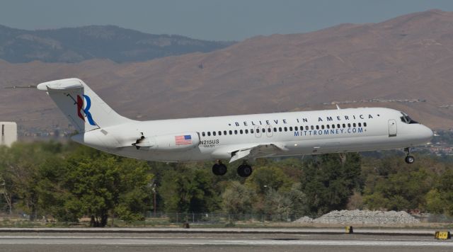 McDonnell Douglas DC-9-30 (N215US) - Congressman (and current Republican VP nominee) Paul Ryans leased DC-9-32 is seconds from touching tires to runway 34L at Reno Tahoe International.  VP nominee Ryan was making a campaign stop in Sparks, NV, on Friday, September 7.