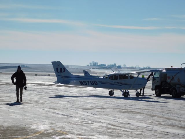 Cessna Skyhawk (N57UD) - A clear January day meant a busy day of flying for University of Dubuque Aviation Students.  In this case, a near empty ramp was a good thing!!!  N57UD gets refueled before departing for another flight.