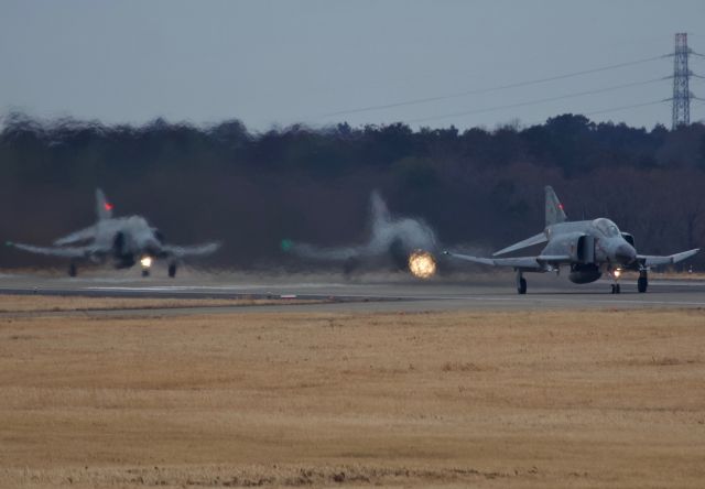 McDonnell Douglas F-4 Phantom 2 (17-8439) - A trio of F-4EJ Kai's of the 301st Tactical Fighter Squadron depart on a hazy, overcast morning in Ibaraki for a sortie (please view in "full" for best image quality)