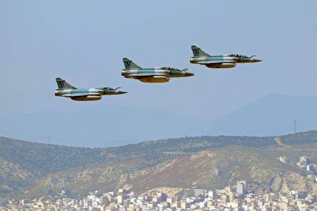 DASSAULT-BREGUET Mirage 2000 — - 4 HAF Mirage 2000-5 Mk.2 of 331 Squadron fly over Athens during Greek Independence War celebrations.