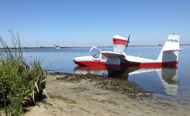 LAKE LA-200 (N7615L) - Lake N7615L, showing new 2014 red & white paint, beached at Mildred Island, California delta, near Discovery Bay, California, 2014.  Shot with iPhone by owner Duard Slattery.