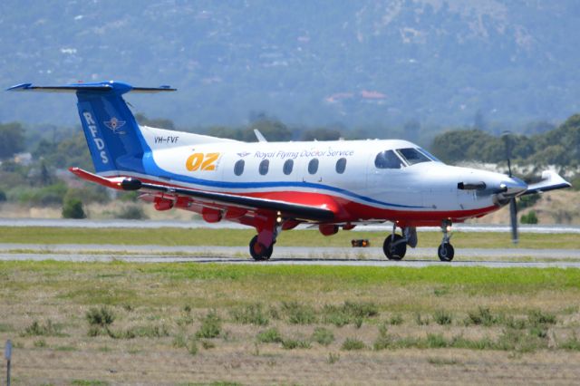 Pilatus PC-12 (VH-FVF) - On taxiway heading for take-off on runway 05. Thursday 6th March 2014.