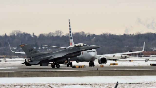 Lockheed F-16 Fighting Falcon (01-0050) - Picture taken from viewing area at KMSP. F-16 Demonstration and Heritage Flight Team getting ready for the super bowl flyover. 2/2/2018