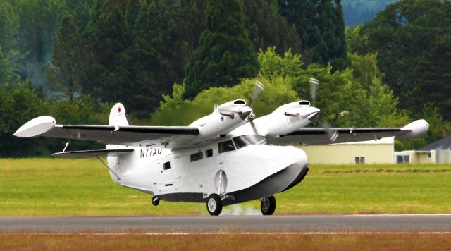 McKinnon Turbo Goose (N77AQ) - McKinnon Turbo Goose (twin-turboprop) landing Hillsboro, Oregon Rwy 13.  6-24-12