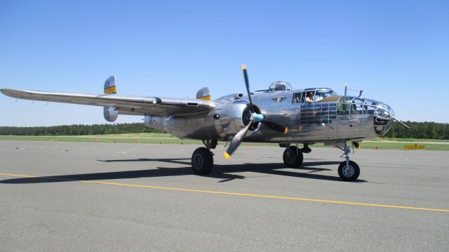 North American TB-25 Mitchell (N27493) - Taxiing out for the second flight of the day.  I received the privilege of flying her earlier.  B-25 "Miss Mitchell" at the Commemorative Air Force fly-in at Raleigh Executive Jetport (TTA), Sanford, NC 5/14/17