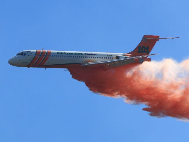 McDonnell Douglas MD-87 (N291EA) - Erickson Aero's(DC-9-87)MD-87 Tanker 101, 4,000 Gal/Cap tank system...retardant drop on the June Fire, June Lake CA. 9-17-14.br /br /In addition to Erickson Aero's MD-87 Tanker 101, Erickson Aero has five other completed MD-87s, Tankers 102, 103, 104, 105 and 107.