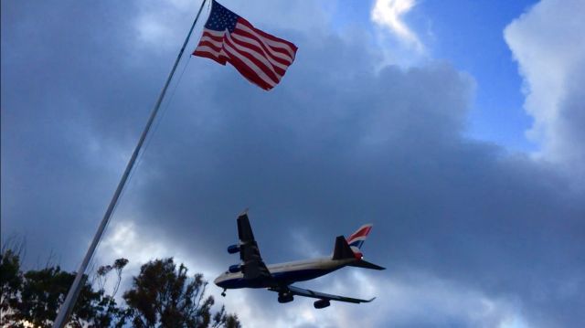 Boeing 747-400 — - Daily Heathrow-San Diego 747 flighs over flag in Balboa Park before making the steep, short descent into KSAN. Taken with iPhone.